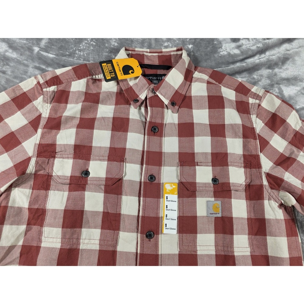 NWT Carhartt Shirt Mens Small Red Buffalo Plaid Loose Fit Midweight Short Sleeve